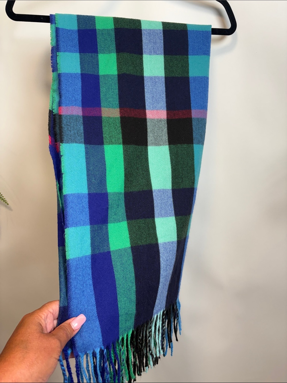 Source Unknown Blue & Green Plaid Fringe Scarf